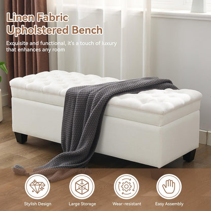 51" Fabric Storage Ottoman Bench, Upholstered Rectangle End of Bed Storage Ottoman Tufted Living