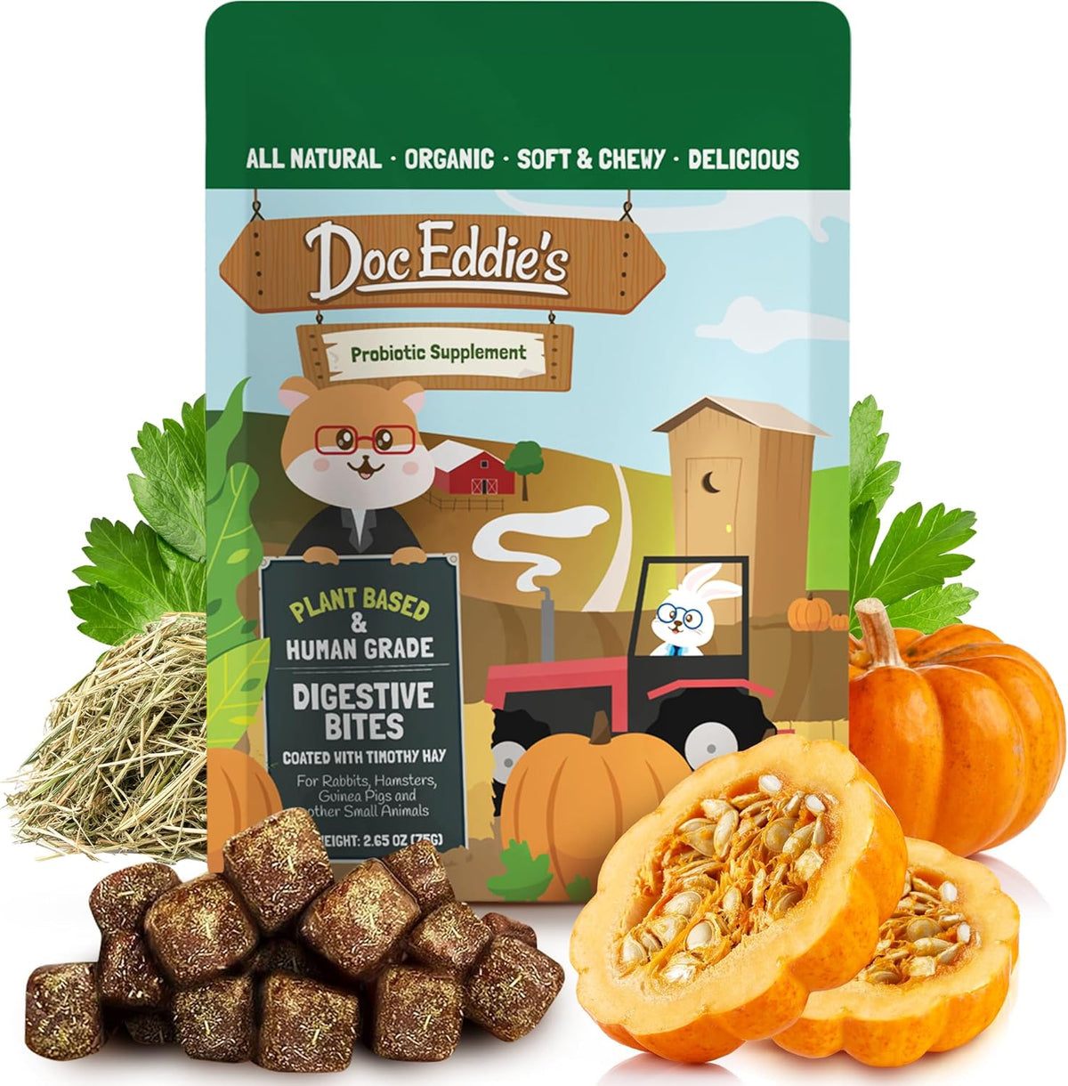 DOC EDDIE'S Digestive Bites - Plant-Based Small Animal Treats for Rabbits, Guinea Pigs, Hamsters