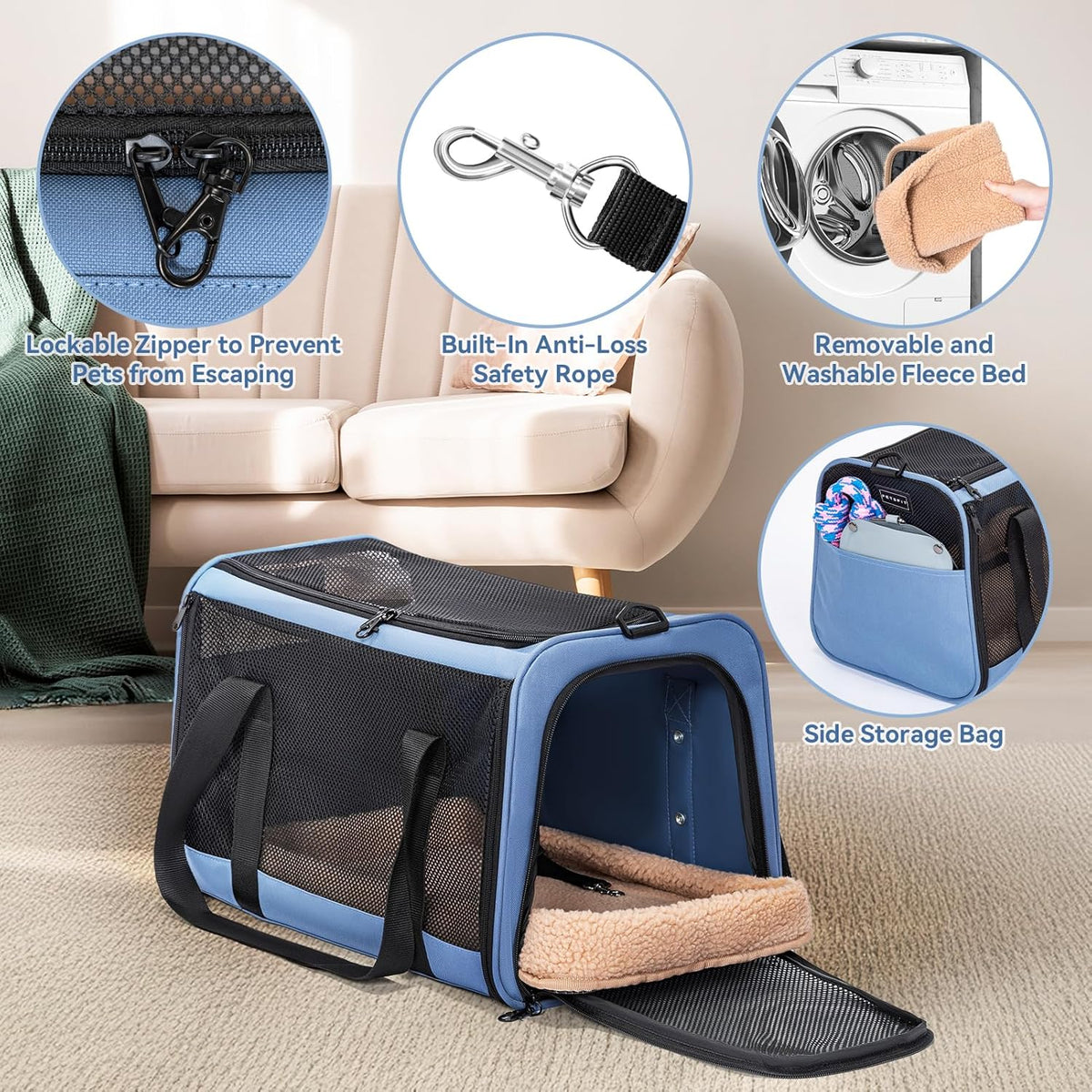 PETSFIT Soft-Sided Cat Carriers & Car Seats with Patent Safe Buckles, Clip-On Harness，18"x11"x11"