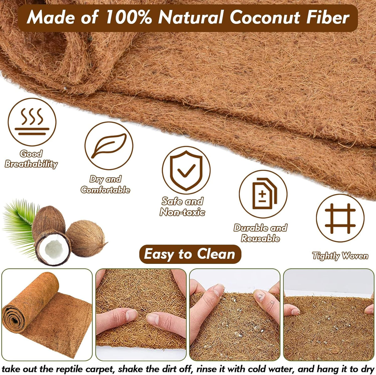 ZeeDix 3 Pieces Coconut Fiber Reptile Substrate Mat, 18 x 36 inches Natural Coco Mat Reptile Carpet