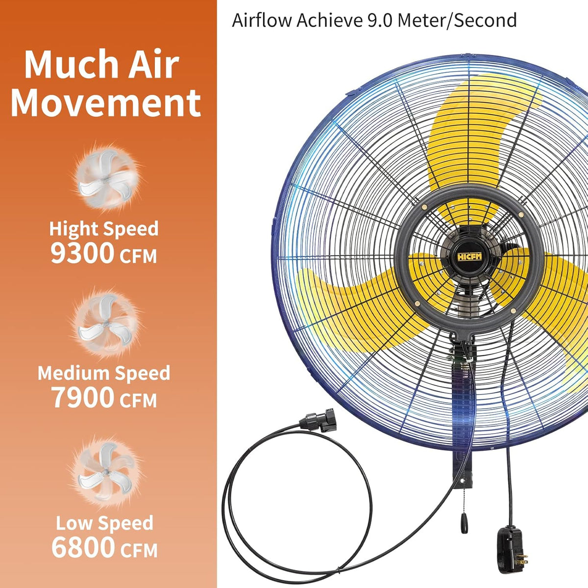 HiCFM 30 inch Misting Outdoor Oscillation Weatherproof Wall Mounted Fan with IP44 Enclosure Motor