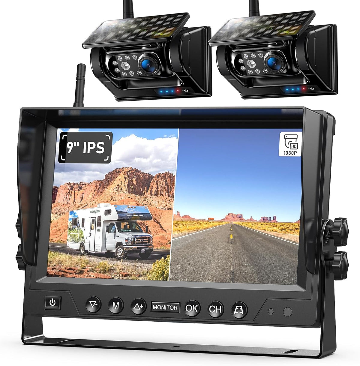 2 Magnetic Solar Wireless Backup Camera HD 1080P 9" DVR Monitor, Solar Rechargeable RV Backup