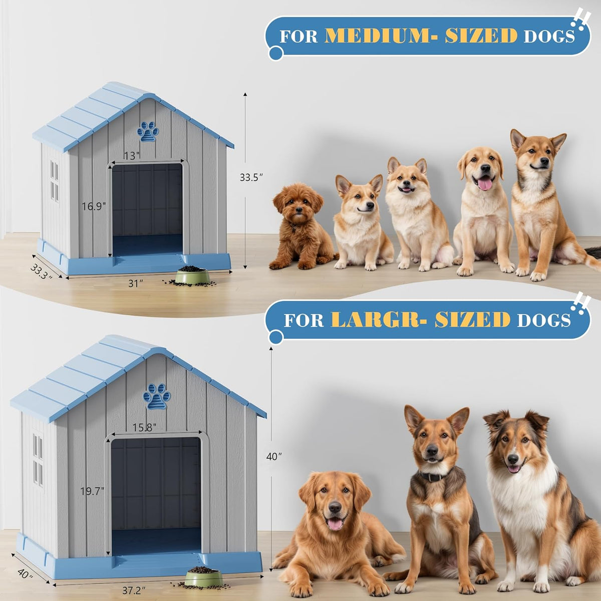 Large Dog House Outdoor Indoor for Medium Large Dogs, Durable Plastic Waterproof Doghouse with Air