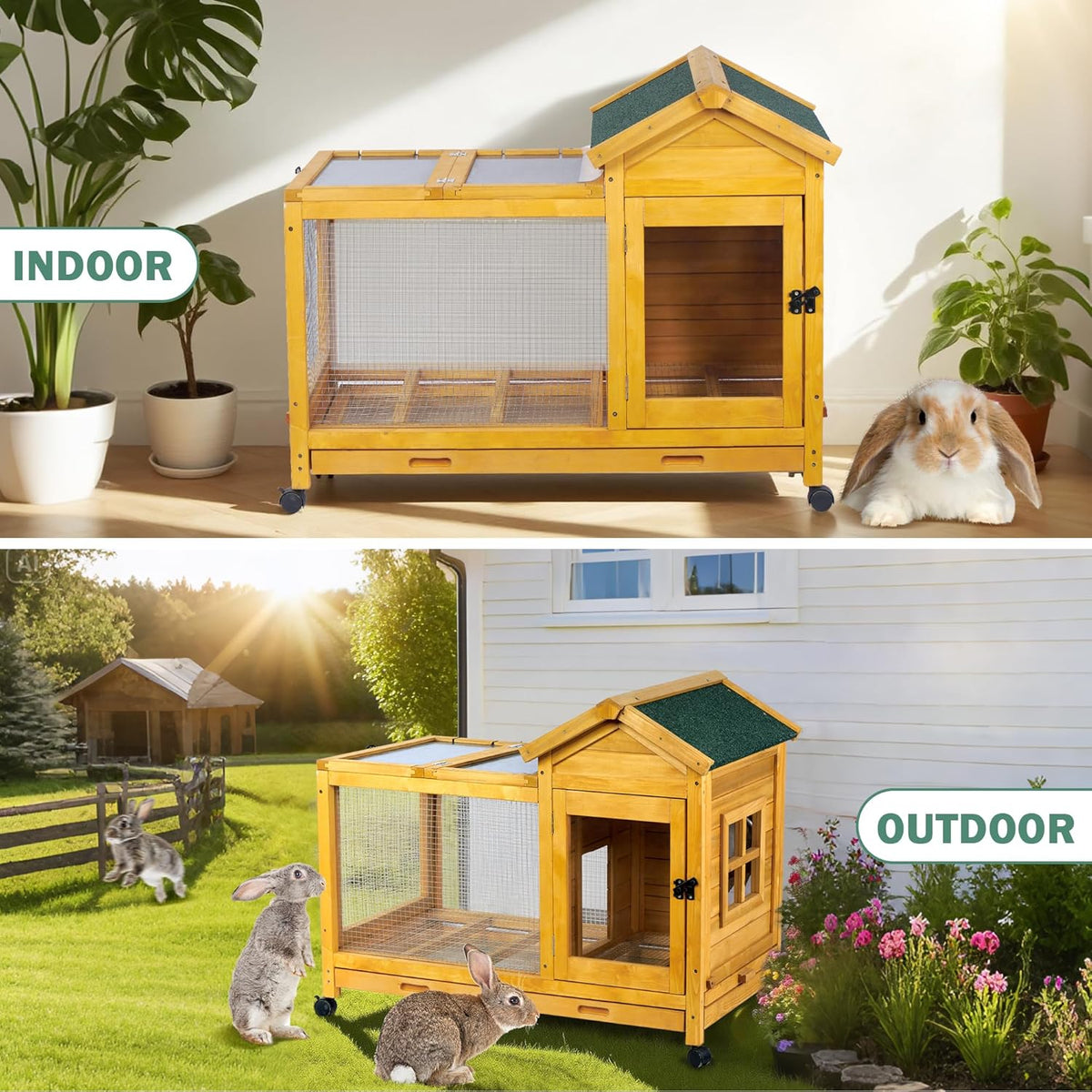 Wooden Rabbit Hutch with Waterproof Roof,Outdoor/Indoor Bunny Cage with Removable Slide-Out Bottom