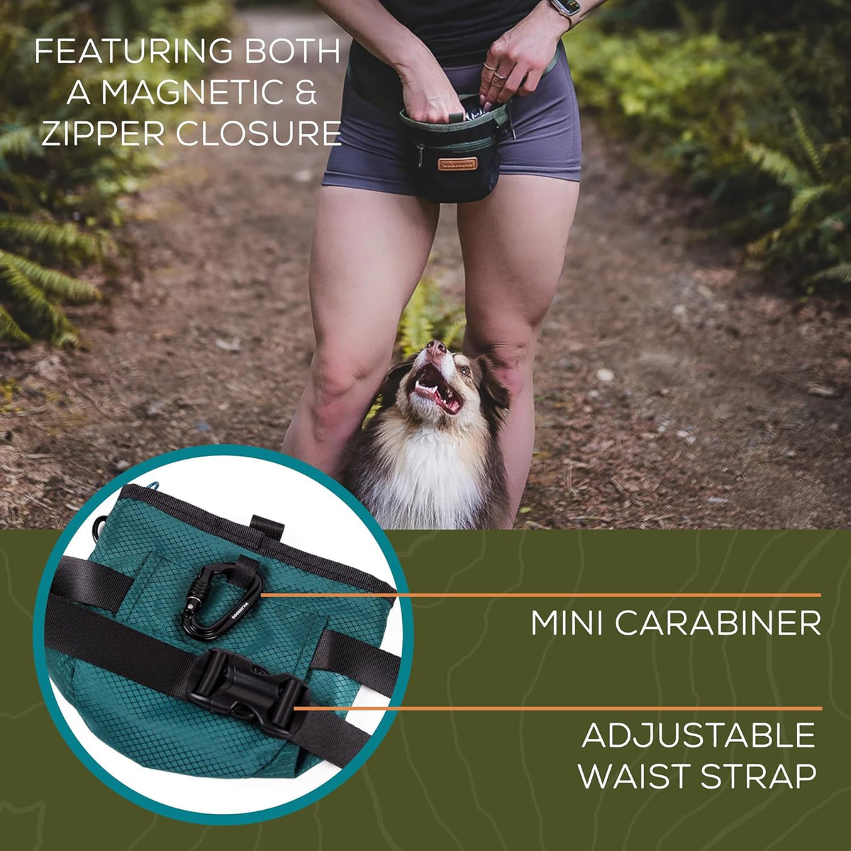 Wilderdog Dog Training Treat Pouch with Magnetic and Zipper Closure, Carabiner Attached, Adjustable
