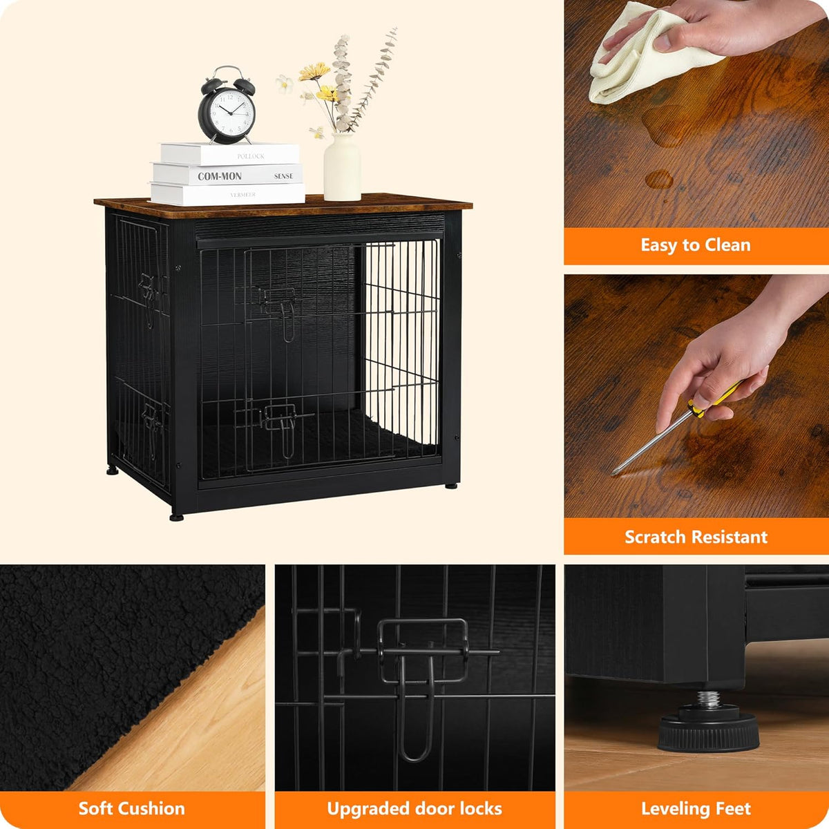 DWANTON Dog Crate Furniture with Cushion, Wooden Kennel Table with Double Doors, Indoor Dog House