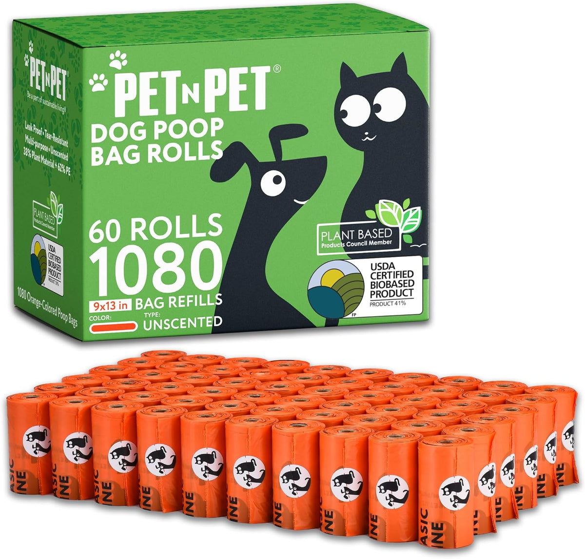 Pet N Pet 1080 Counts Orange Poop Bags for Dogs, 41% Plant Based & 59% PE Extra Thick Dog Poop Bags