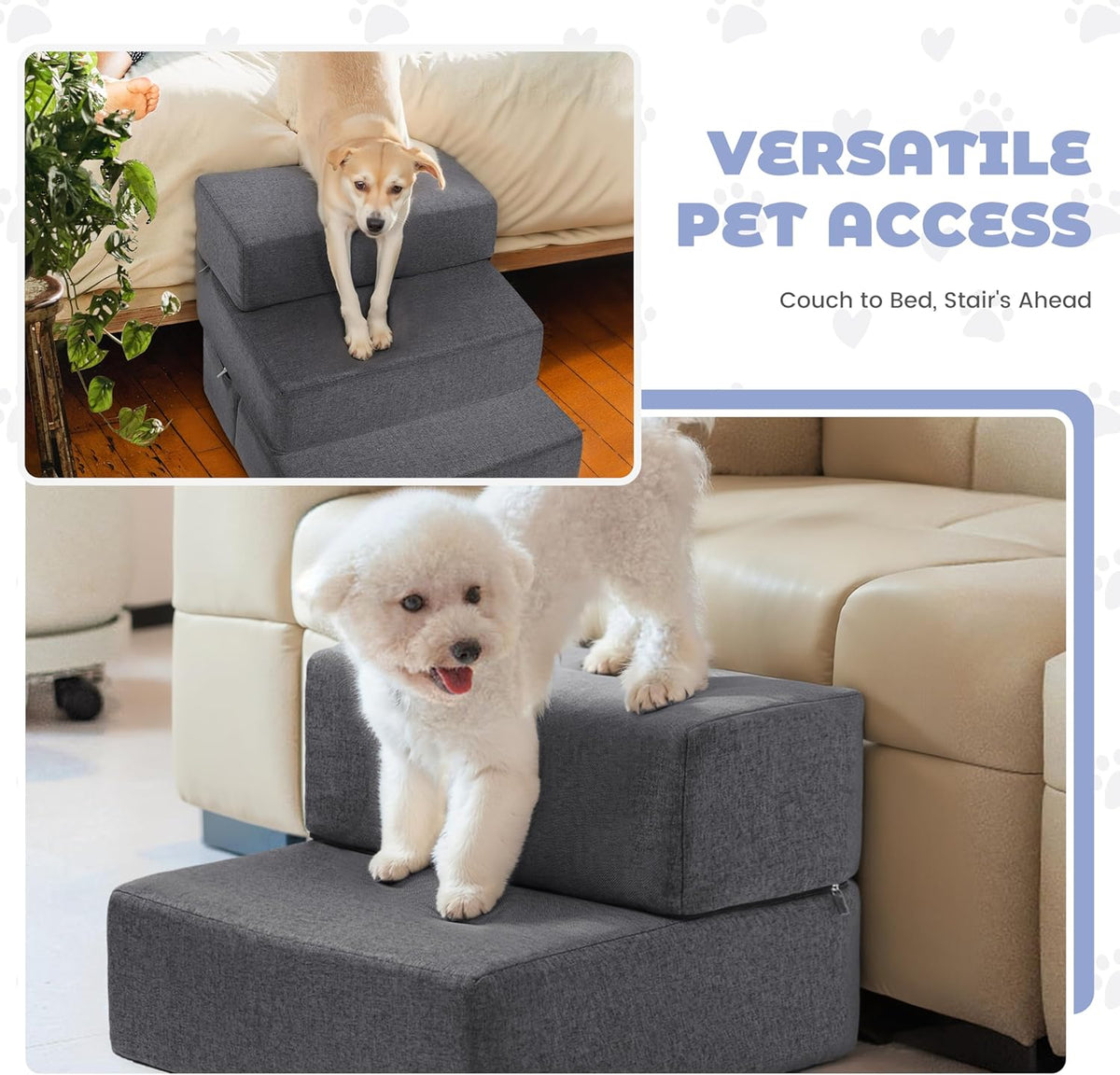 Foldable 18 Inch Wide 3 Step Wide Dog Stairs for Large Dogs, 18 Inch Height Foam Dog Steps for Bed