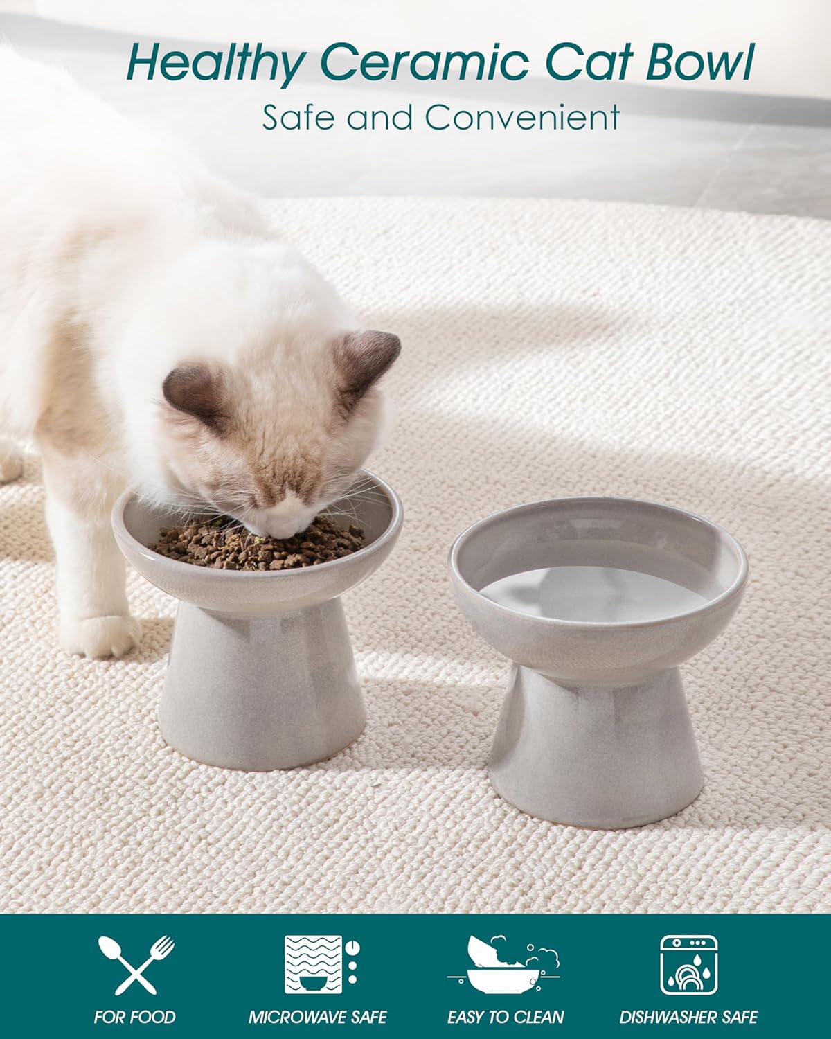 vancasso Ceramic Elevated Cat Bowls 2-Pack - 6.2" Extra Wide Raised Cat Food & Water Dishes, 5.1"