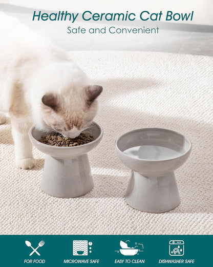vancasso Ceramic Elevated Cat Bowls 2-Pack - 6.2" Extra Wide Raised Cat Food & Water Dishes, 5.1"
