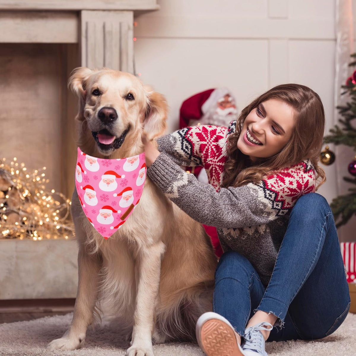 ADOGGYGO Christmas Dog Bandana, Xmas Tree Santa Pet Scarf, Premium Durable Fabric, Adjustable Fit