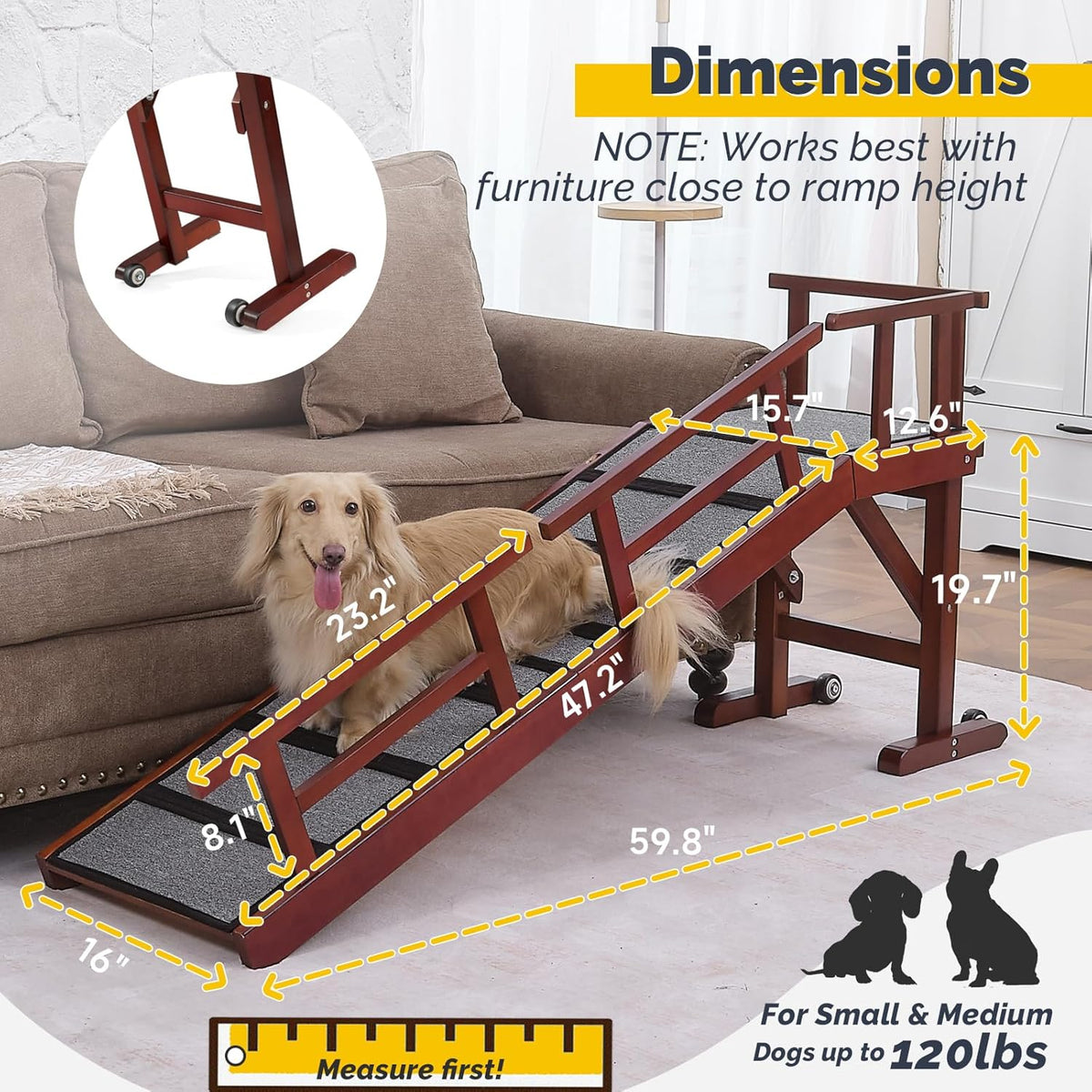 Dog Ramp for Bed or Couch, Wooden Pet Ramp with 20° Gentle Slope, Removable Side Rails, Non-Slip