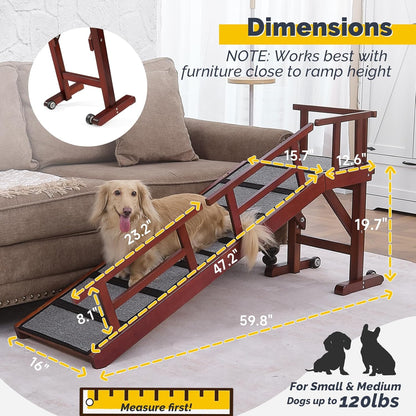 Dog Ramp for Bed or Couch, Wooden Pet Ramp with 20° Gentle Slope, Removable Side Rails, Non-Slip