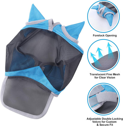 Horse Fly Mask with Ears & Long Nose Cover | Forelock Opening for Tangle-Free Mane Care | UV