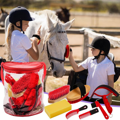 9 Pieces Horse Grooming Kit Tack Room Supplies Set with Organizer Tote Bag, Oval Massage Curry