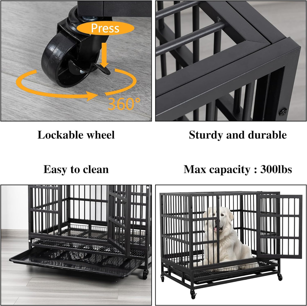 JY QAQA 48/38 Inch Heavy Duty Indestructible Dog Crate Double Doors Escape Proof Cage