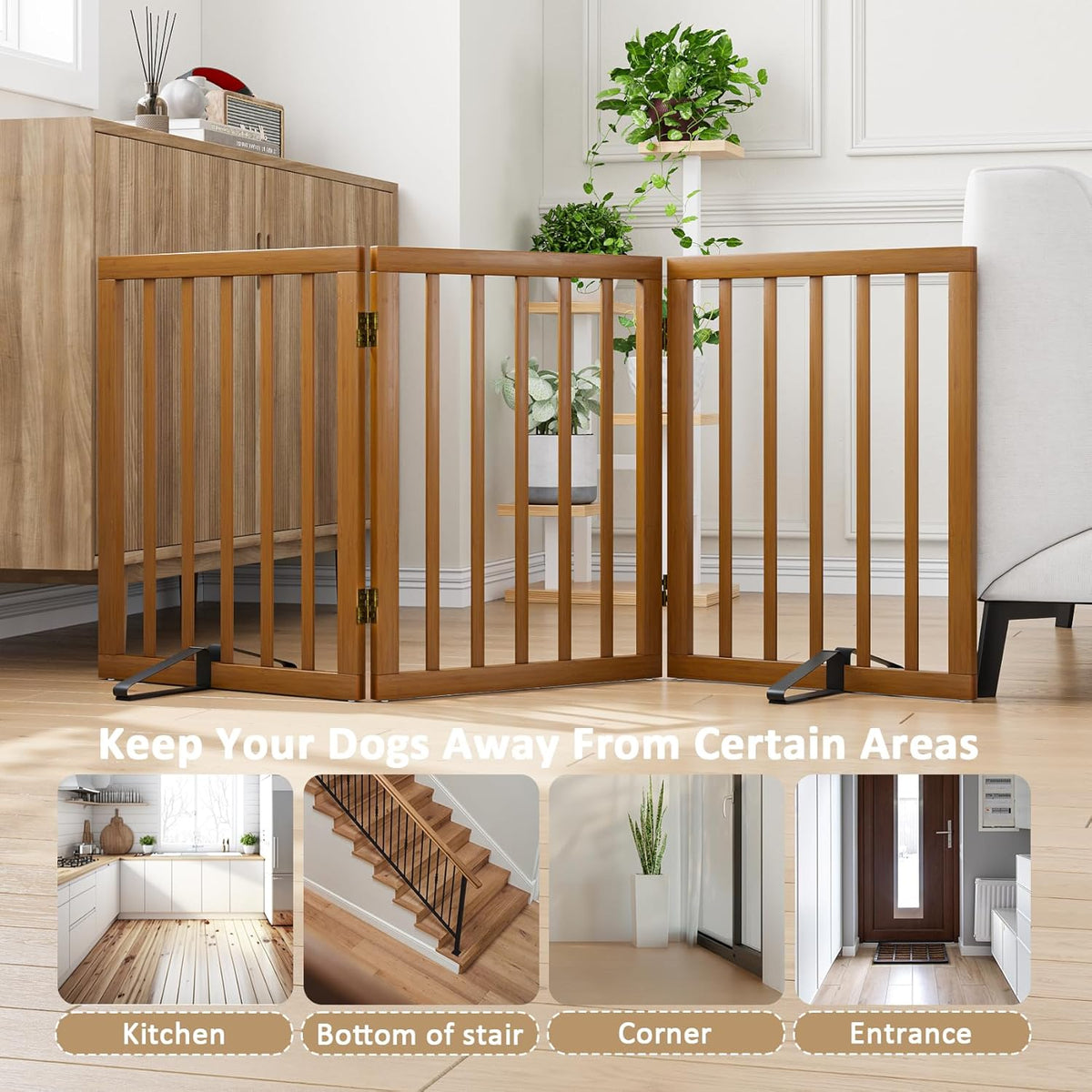 Freestanding Pet Gate Foldable Dog Gate (55 inches Wide) Walnut Bamboo Dog Gates for Stairs