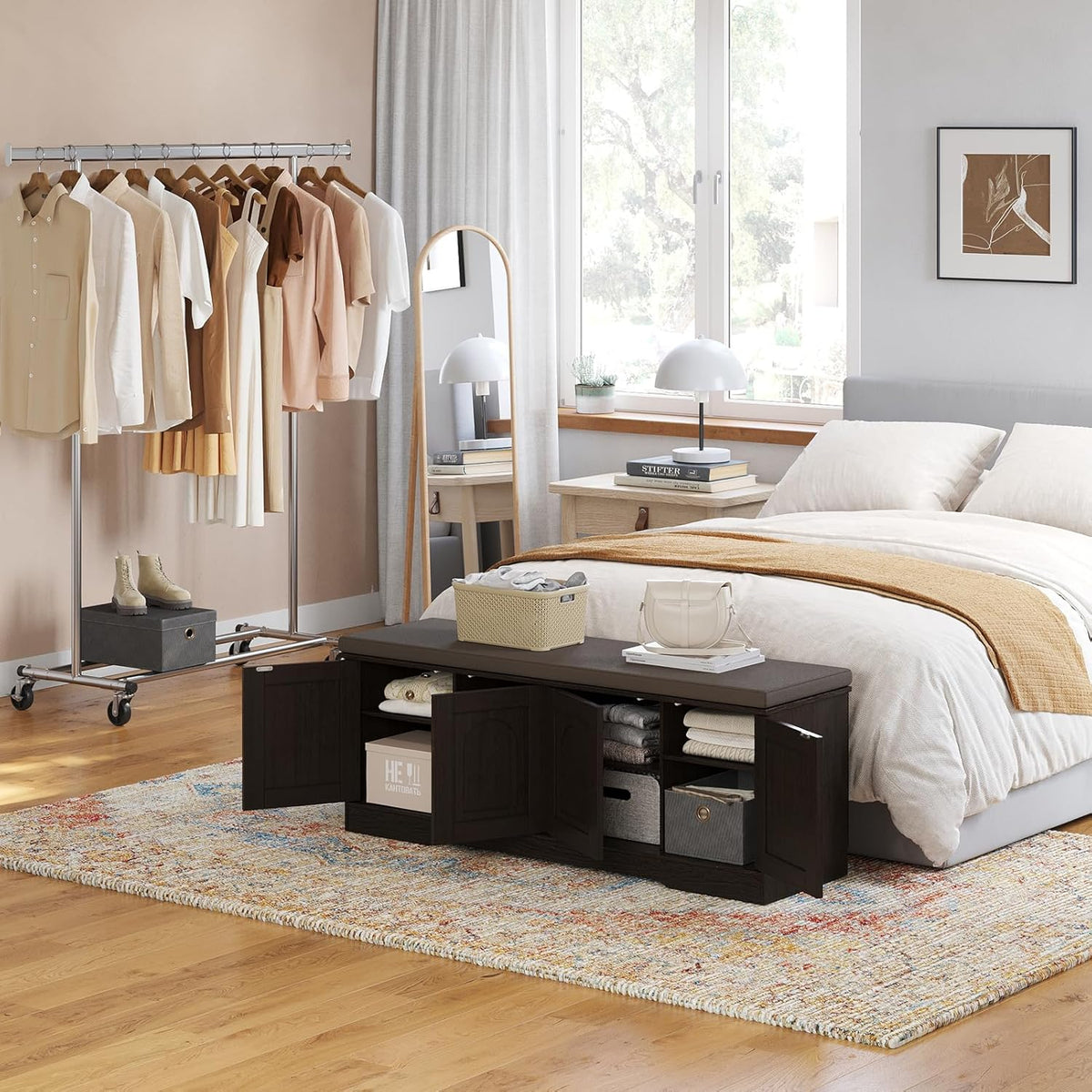 DINZI LVJ Shoe Bench, Entryway Storage Bench with Doors, Cushion, 2-Tier Shoe Rack with 8-Cubby