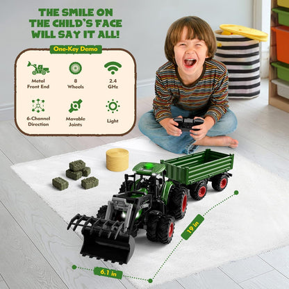 Remote Control Tractor Toy, Kids RC Tractor Set & Truck and Trailer Front Loader - Metal Car Head/8