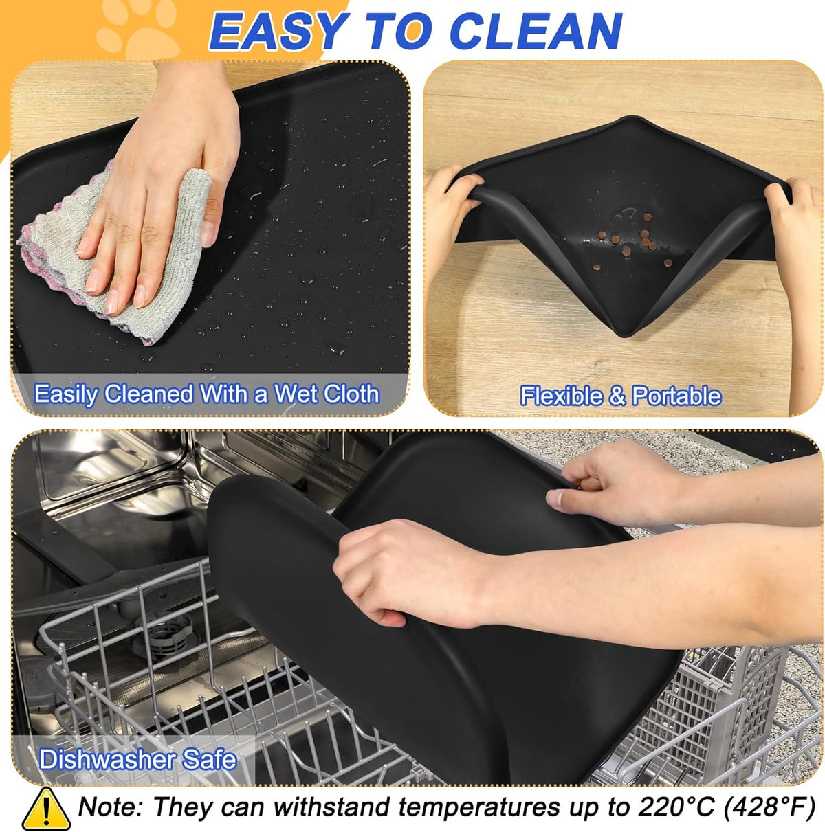 Silicone Pet Feeding Mat with Raised Edge for Food and Water, Dog Bowl Mats, Cat Bowls Placemat
