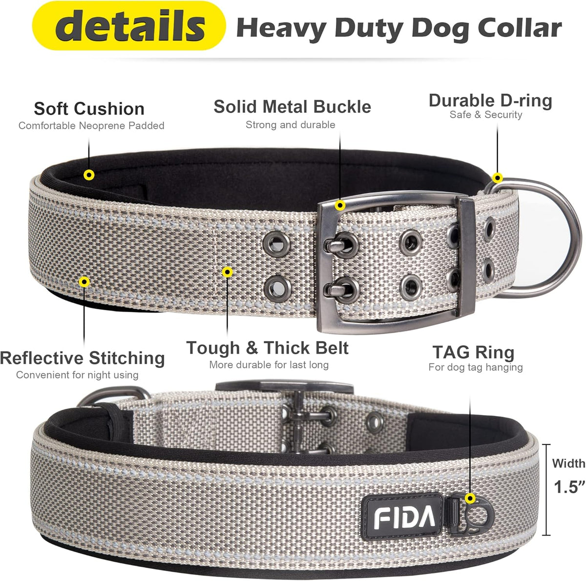 Fida Heavy Duty Dog Collar 1.5” Width, Ultra Soft Neoprene Padded, Adjustable Reflective Nylon Pet