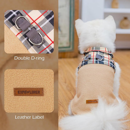 EXPAWLORER Fleece Dog Sweater - Classic Plaid Dog Jacket, Winter Coat Vest with 2 D-Rings for