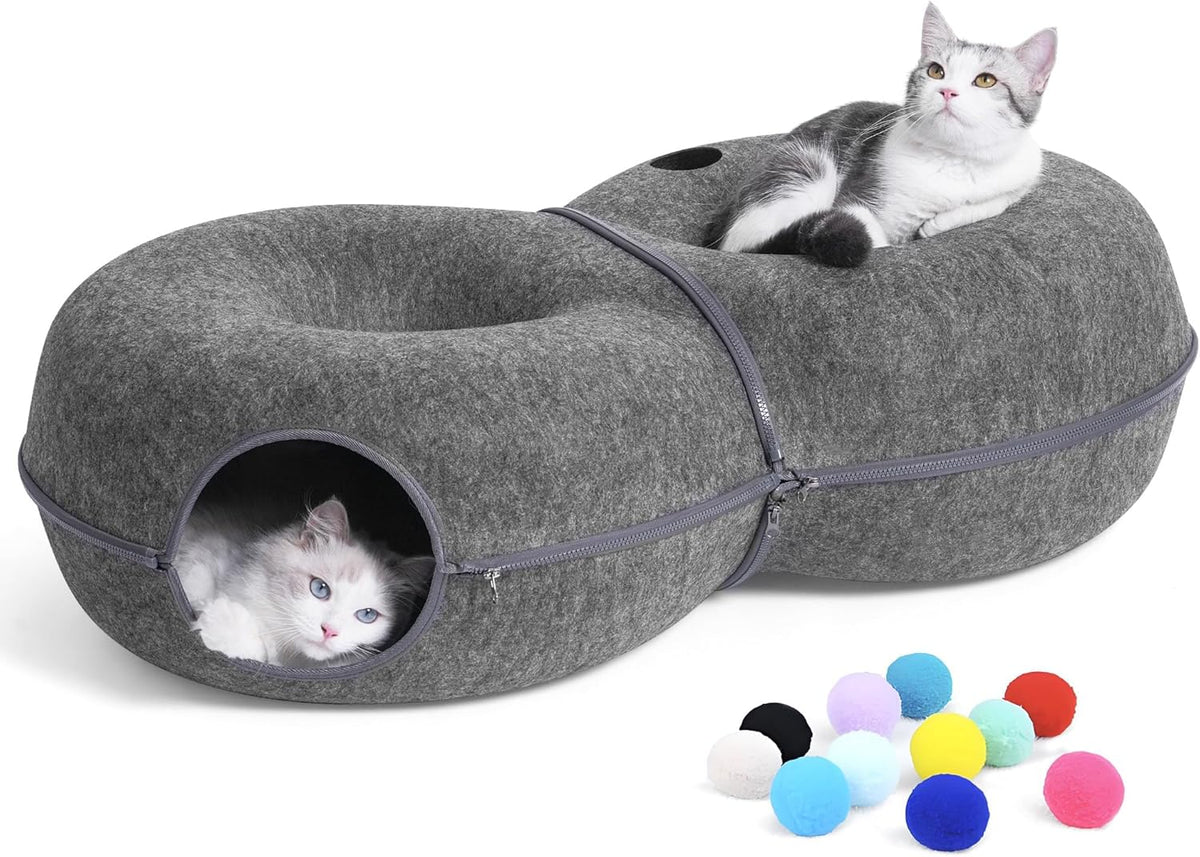 8-Shaped Large Cat Tunnel Bed for Indoor Cats, Infinite Circulation Peekaboo Cat Cave with 12 Toy