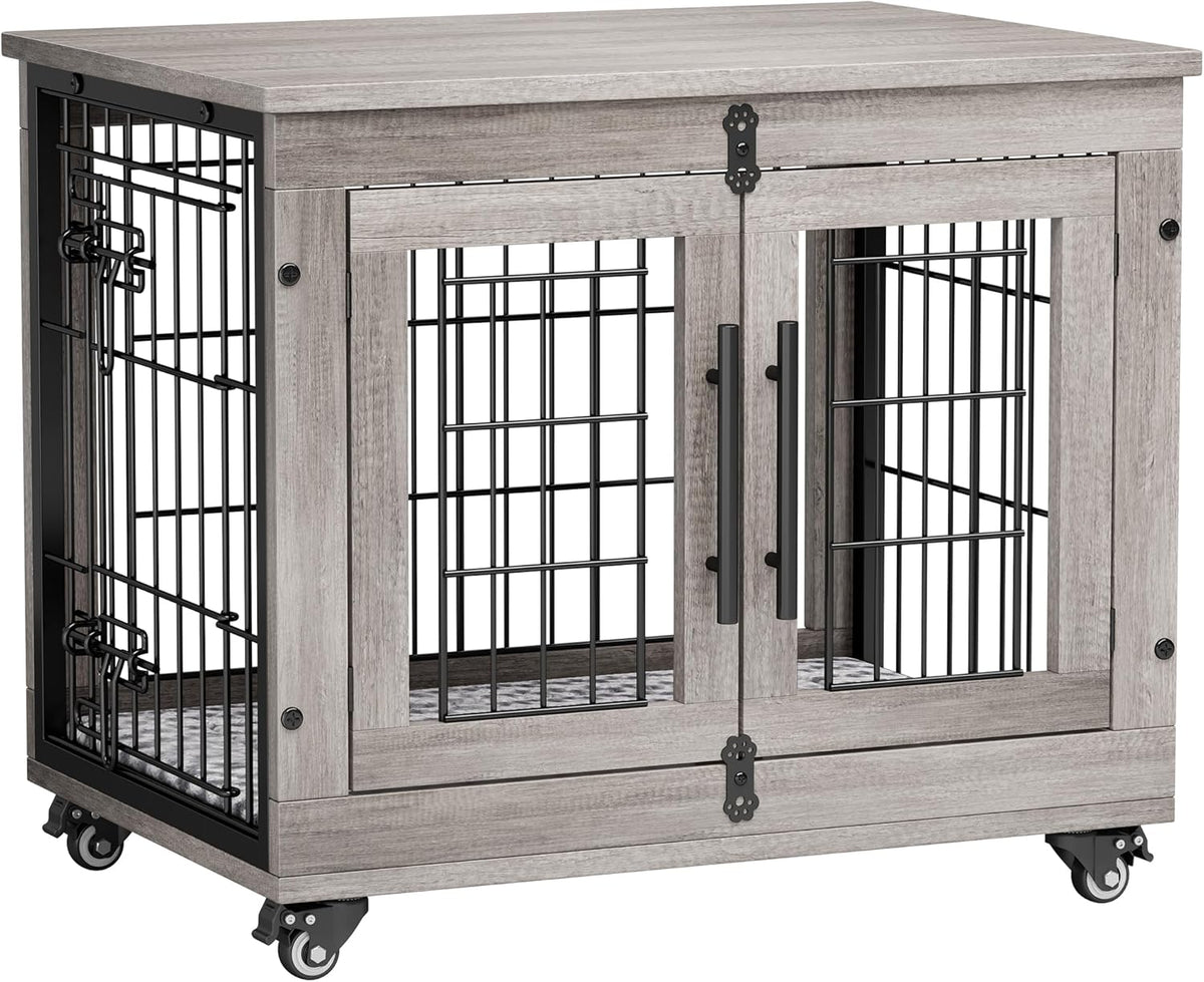 Lulive Small Dog Crate Furniture Set of 2, Dog Kennel Indoor Double Doors Wooden Dog Cage, 27''