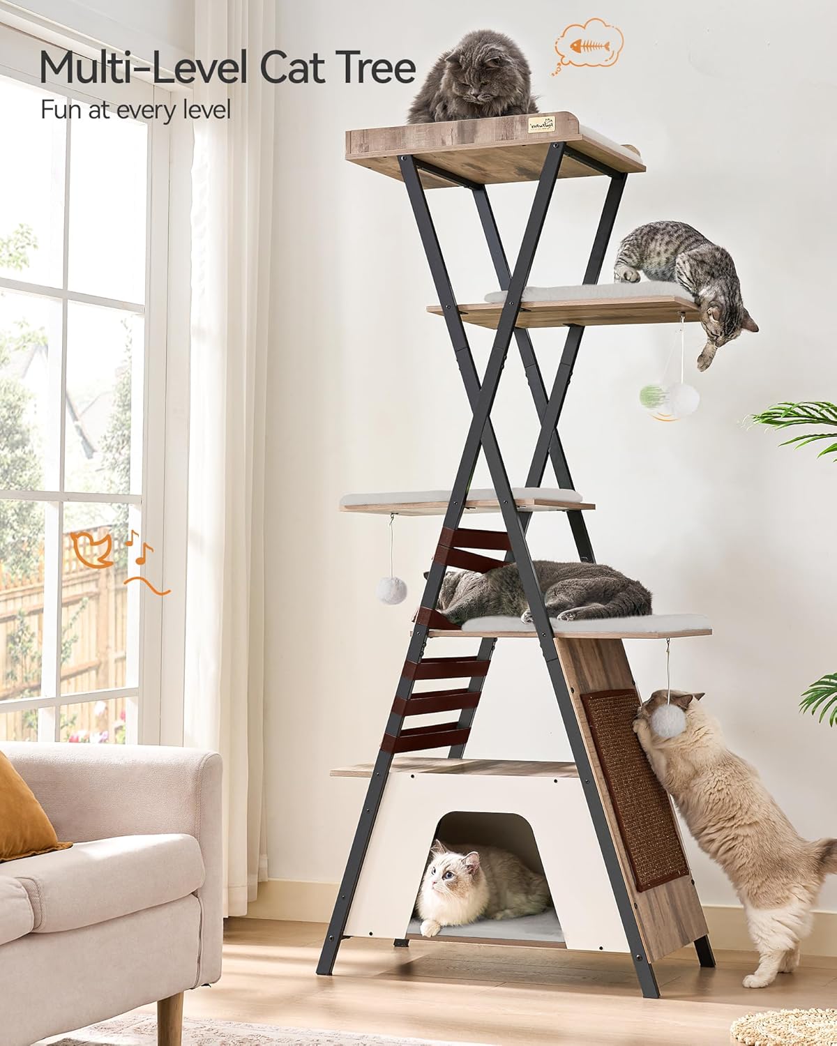 FourFurPets 72.4" Cat Tree, Modern Cat Tower for Indoor Cats, Multi-Level Cat Condo with Caves