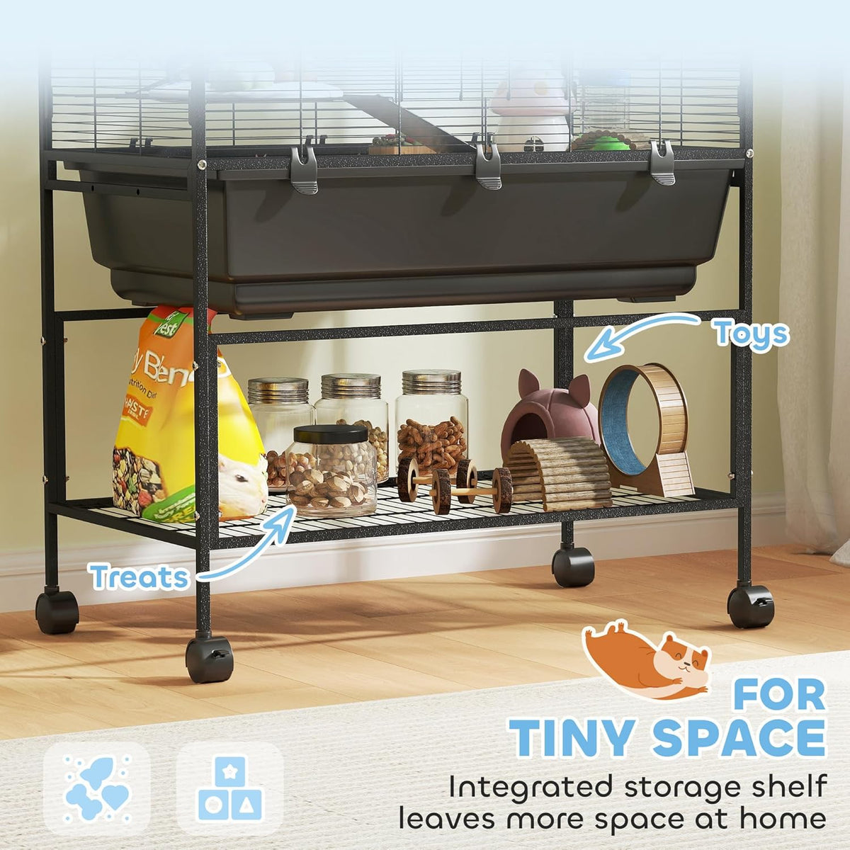 PawHut Hamster Cage with Deep Tray, 3 Tier Rolling Rat Cage with Storage Shelf, Big Exercise Wheel