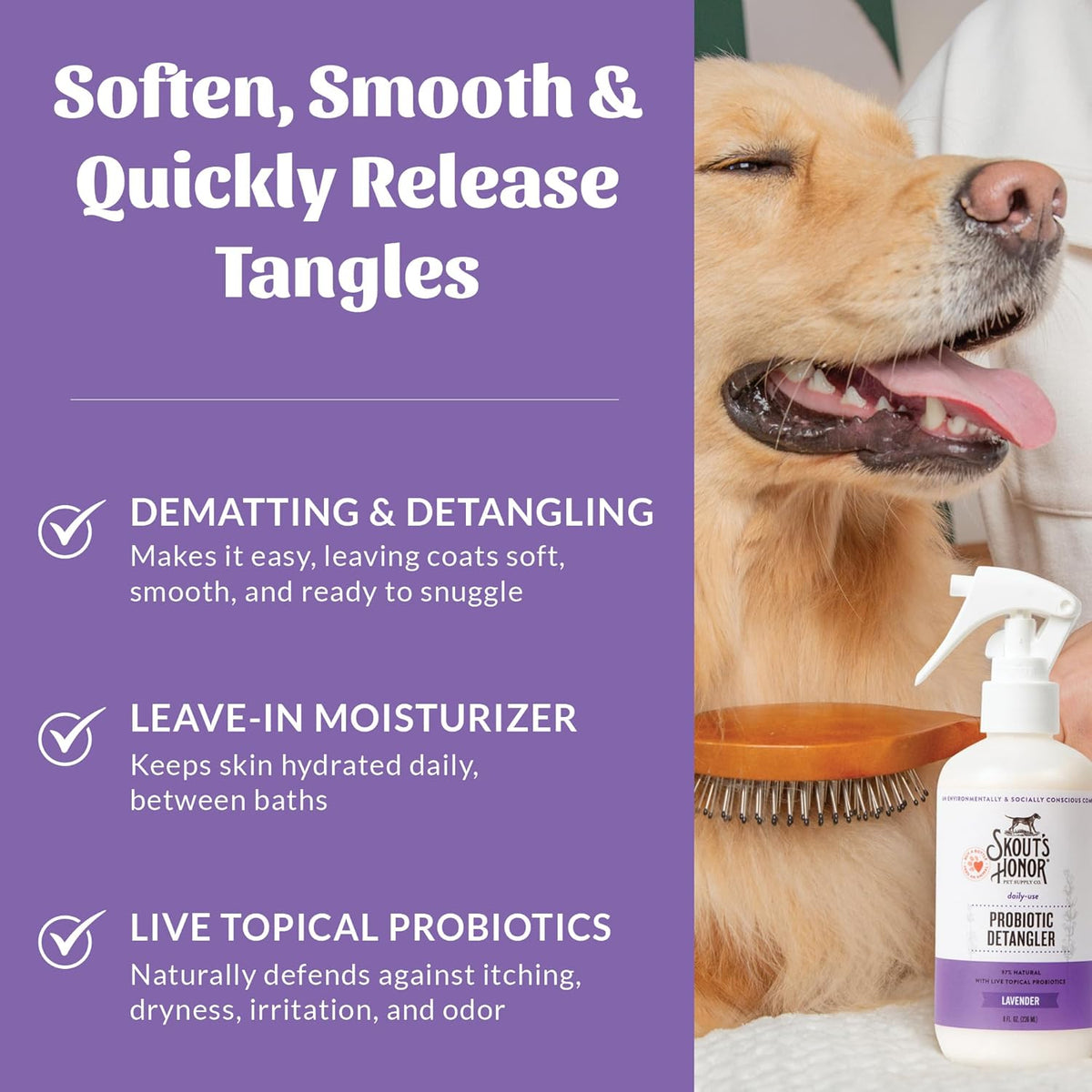 Skout's Honor Pet Detangler Spray - Hydrating & Conditioning with Avocado Oil & Probiotics, 97%