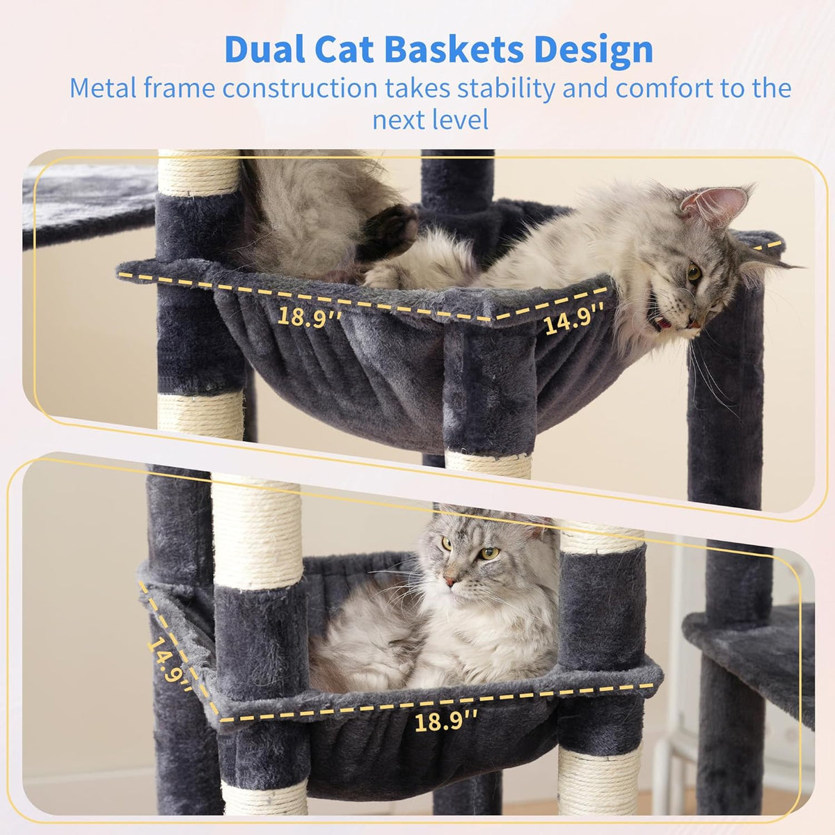 Heybly Heavy Duty Cat Tree, 71-Inch Tall Tower for Large Maine Coon with Extra-Large Baseboard, Cat