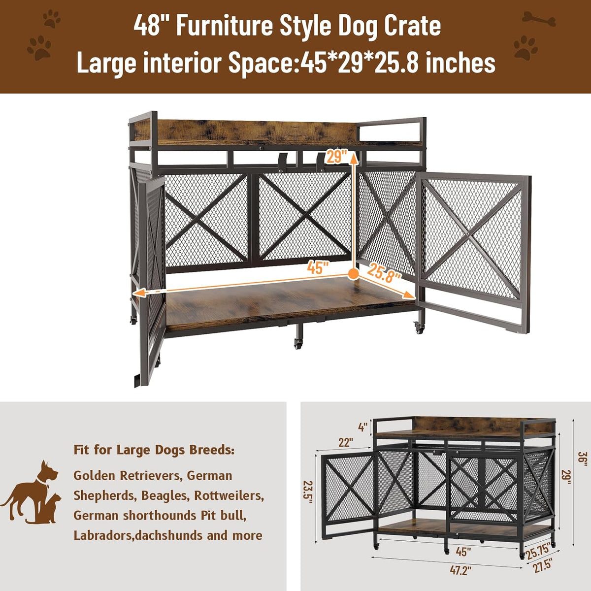 COZPAW Large Dog Crate Furniture, 48 Inch Wooden Dog Kennel for XLarge Dogs, Heavy Duty Dogs