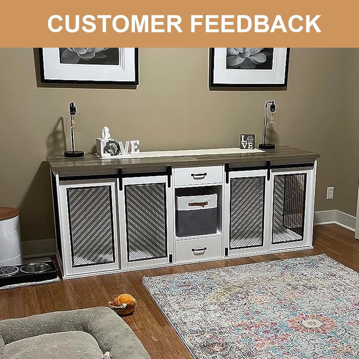 Extra Large Dog Crate Furniture, 85" Sliding Door Double Kennel for 2 Large Dogs Divided, Heavy
