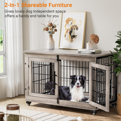 Lulive Large Dog Crate Furniture, 38'' Wooden Dog Crate End Table, Double Door Dog Kennel Indoor