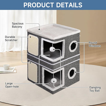 2-Storey Cat House for Indoor Cats, Separate Into 2 Large Cat Bed Cave with Hideaway Condos