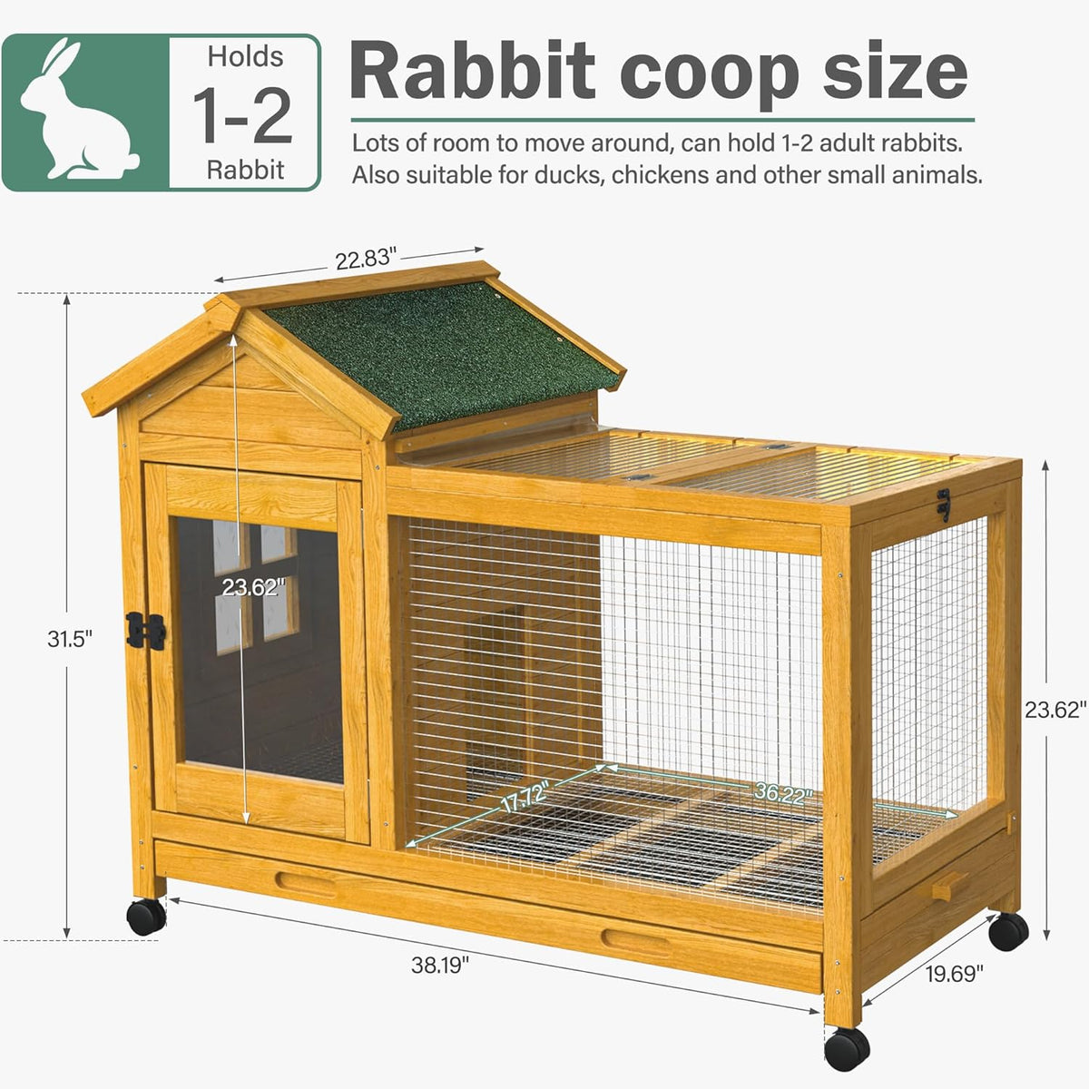 Wooden Rabbit Hutch with Waterproof Roof,Outdoor/Indoor Bunny Cage with Removable Slide-Out Bottom