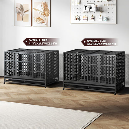 48/42 Inch Heavy Duty Indestructible Dog Crate Steel Escape Proof, Indoor Double Door High Anxiety