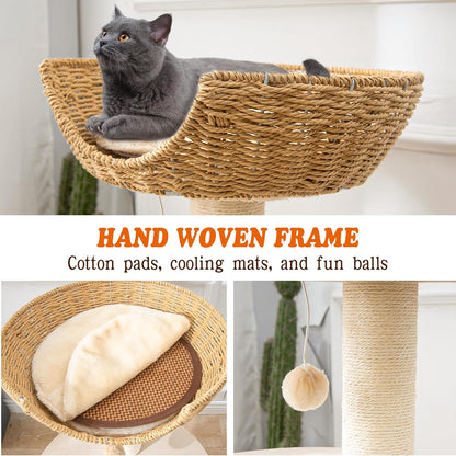 Natural Wood Modern Cat Tree with Top Cats Bed, Unique Cute Cats Furniture Activity Centre with