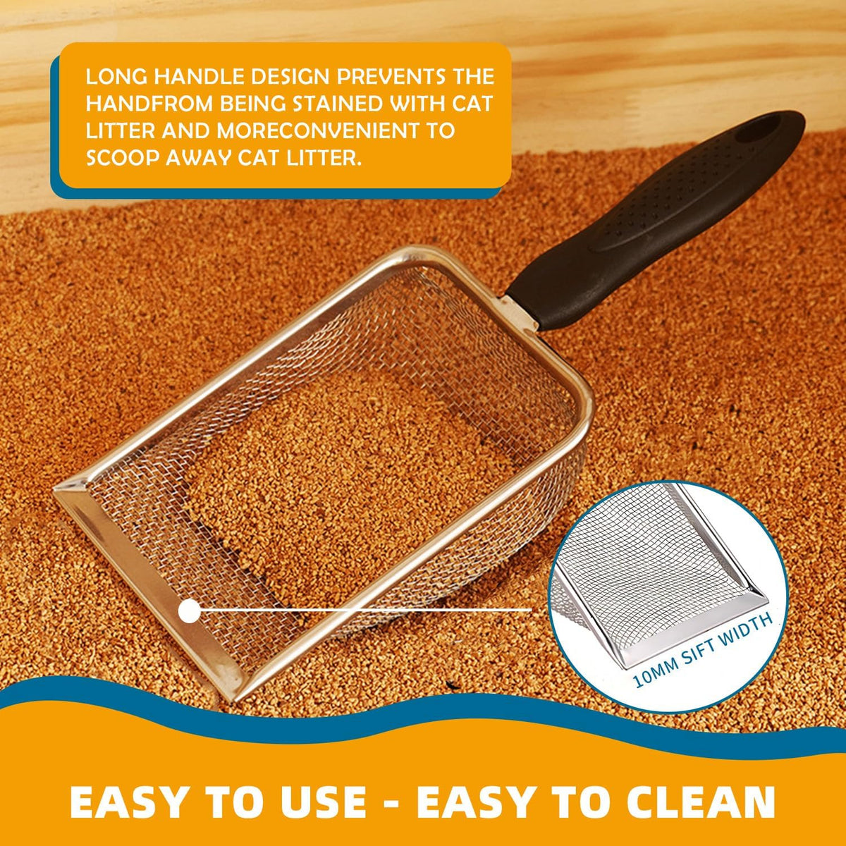 Cat Litter Scooper with Holder,Sturdy Litter Cleaner Corner Shovel,Stainless Steel Mesh Litter