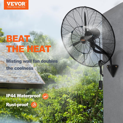 VEVOR 30 Inch Wall-Mount Misting Fan, 3-speed IP44 Waterproof Oscillating, Max. 9500 CFM Wall