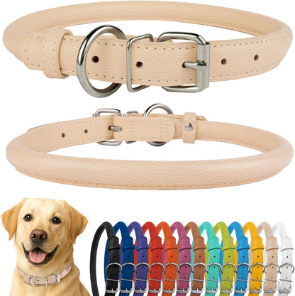 CollarDirect Rolled Leather Dog Collar, Soft Padded Round Puppy Collar, Handmade Genuine Leather