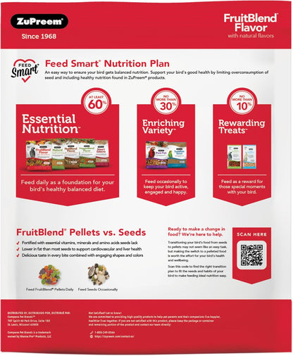 ZuPreem FruitBlend Bird Food, Bird Feed Pellets for Cockatiel, Lovebird, Quaker, Small Conure