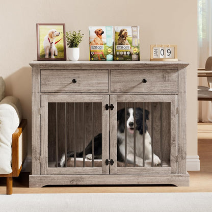PUKAMI 44inch Dog Crate Furniture with Drawers,Wooden Dog Kennel Furniture for Large Breed,End