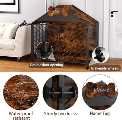 Heavy Duty Dog Crate Furniture for Large Breed - 39.4" Chew-Proof Kennel with Gable Roof, Double
