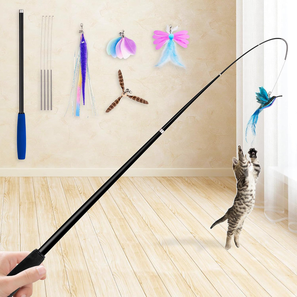 JXFUKAL 2025 Latest Cat Toys, 2 in 1 Spring Cat Wand Toy with 2PCS Ultra-Long Cat Teaser, 4PCS