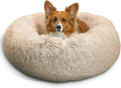 Best Friends by Sheri Original Calming Donut Dog and Cat Bed, Shag Faux Fur, Taupe, (30in x 30in)