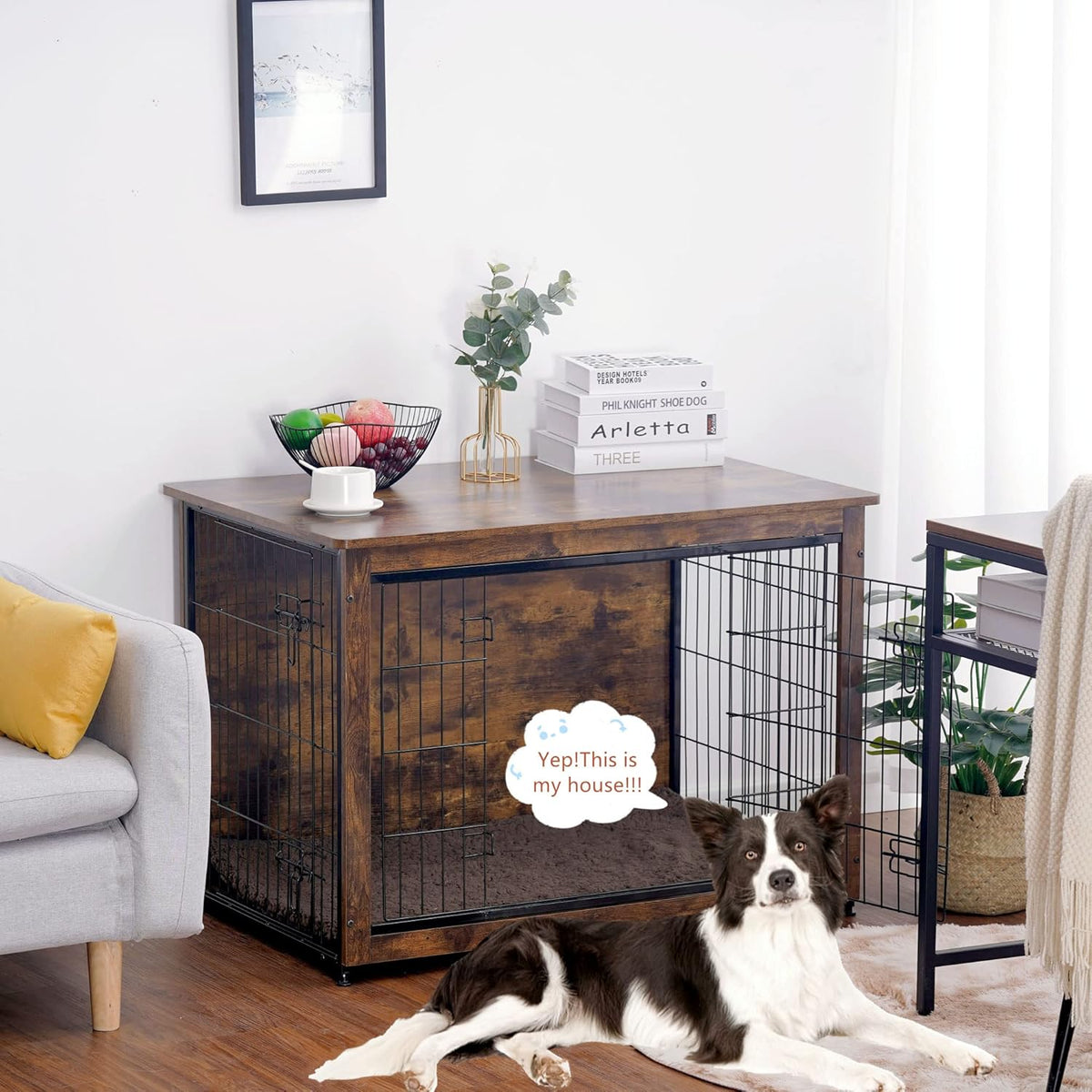DWANTON Dog Crate Furniture with Cushion, Wooden Kennel Table with Double Doors, Indoor Dog House