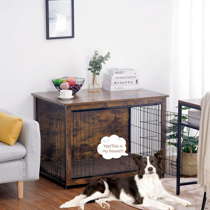 DWANTON Dog Crate Furniture with Cushion, Wooden Kennel Table with Double Doors, Indoor Dog House