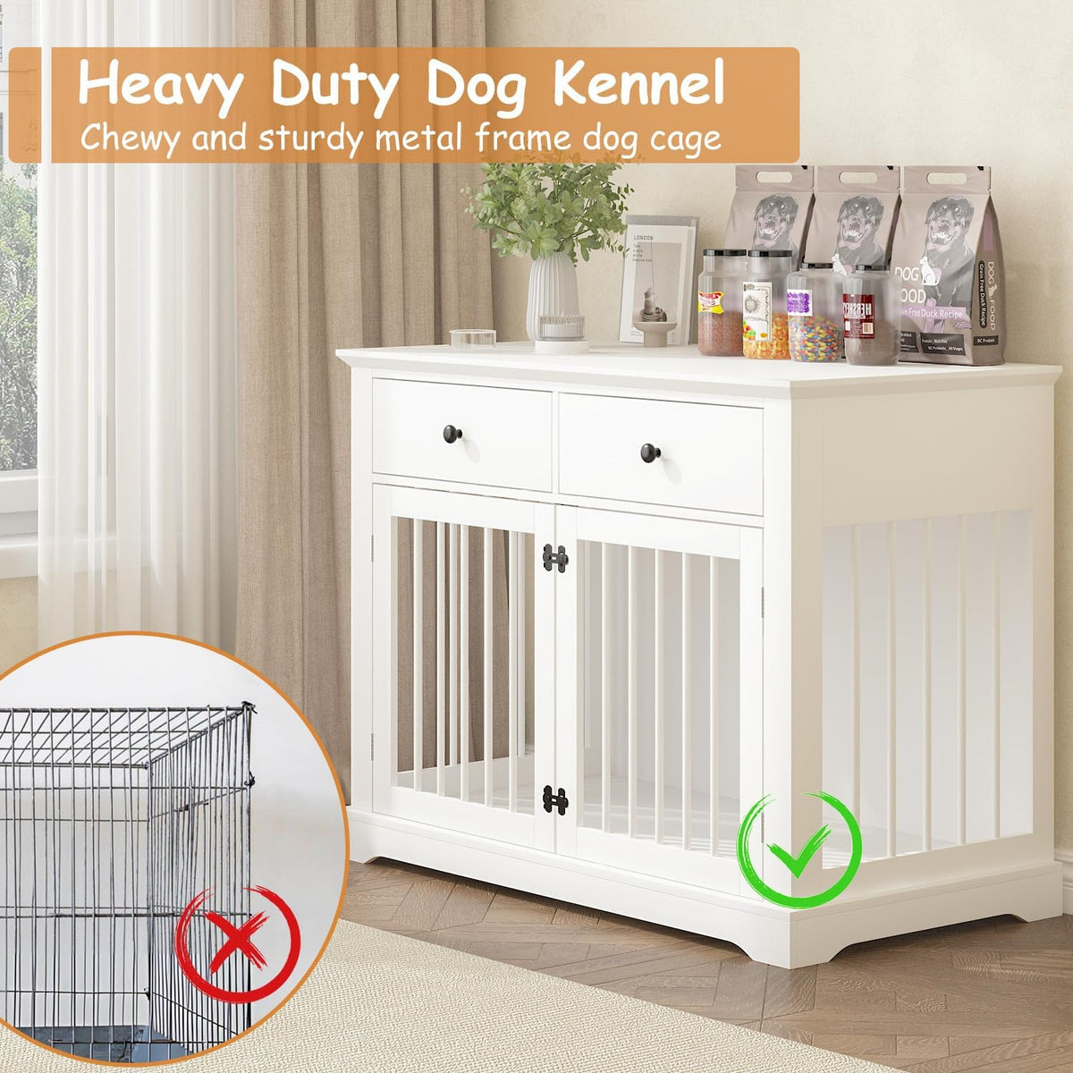 Dog Crate Furniture, 44 Inch Wooden Dog Kennel Indoor with 2 Storage Drawers, Heavy Duty Large